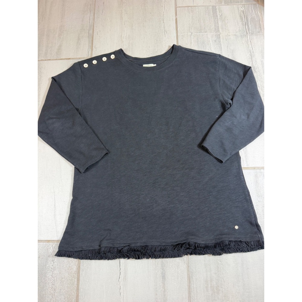 Spartina 449 Womens Black Fringe Hem Button Shoulder Long Sleeve Top Large